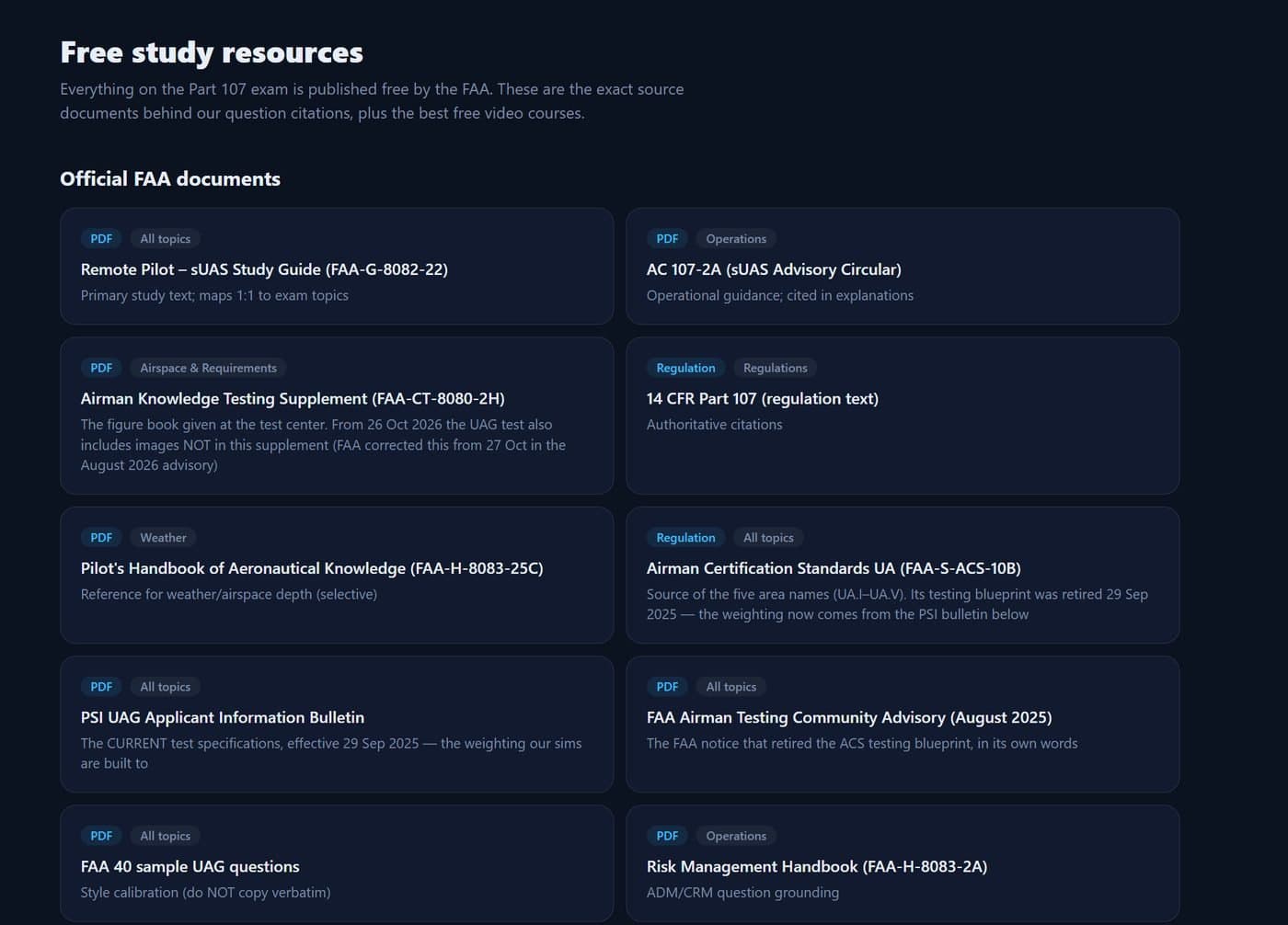 The free FAA resource library: the study guide, AC 107-2A, the testing supplement, 14 CFR Part 107, the handbooks, the PSI bulletin and the FAA testing advisory