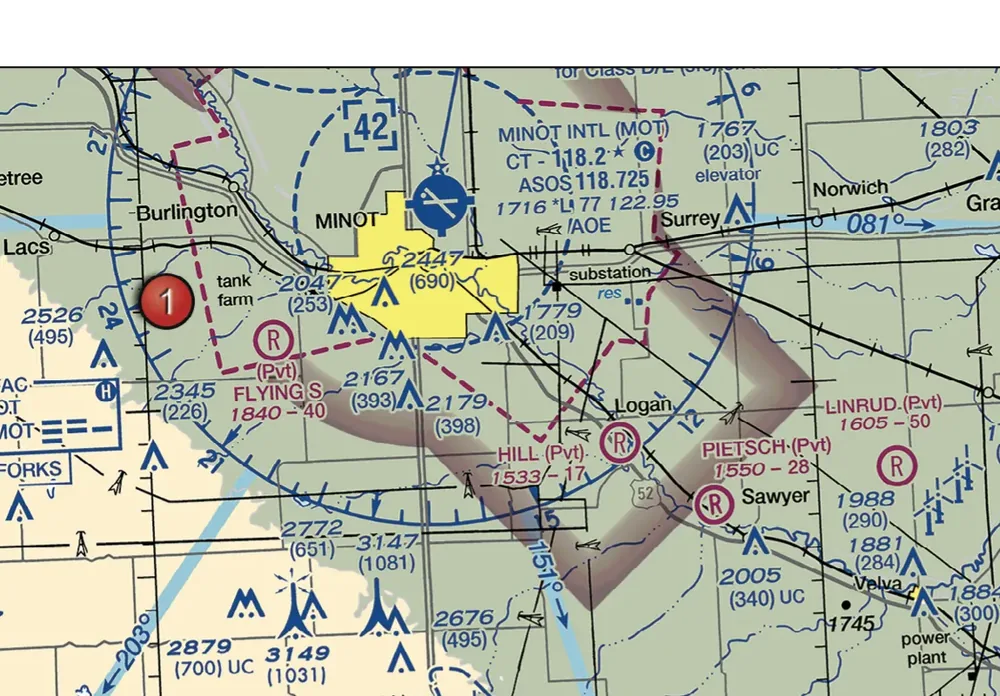 FAA-CT-8080-2H · Figure 21 · page 2-20: Minot Intl (MOT): dashed blue Class D ring, ceiling box and data block