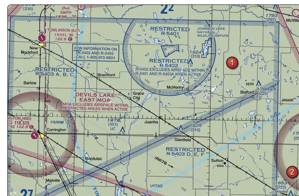 FAA-CT-8080-2H · Figure 26 · page 2-25: Restricted areas R-5401, R-5402 and R-5403, and the Devils Lake East MOA