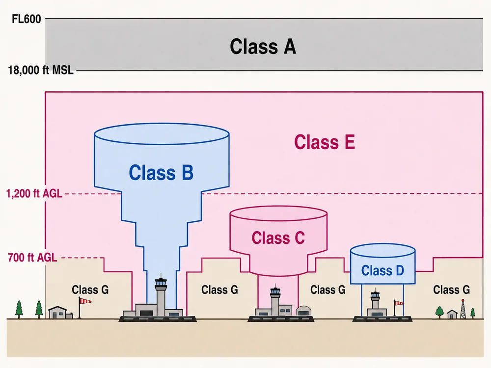 Airspace cross-section — Class A through G by altitude